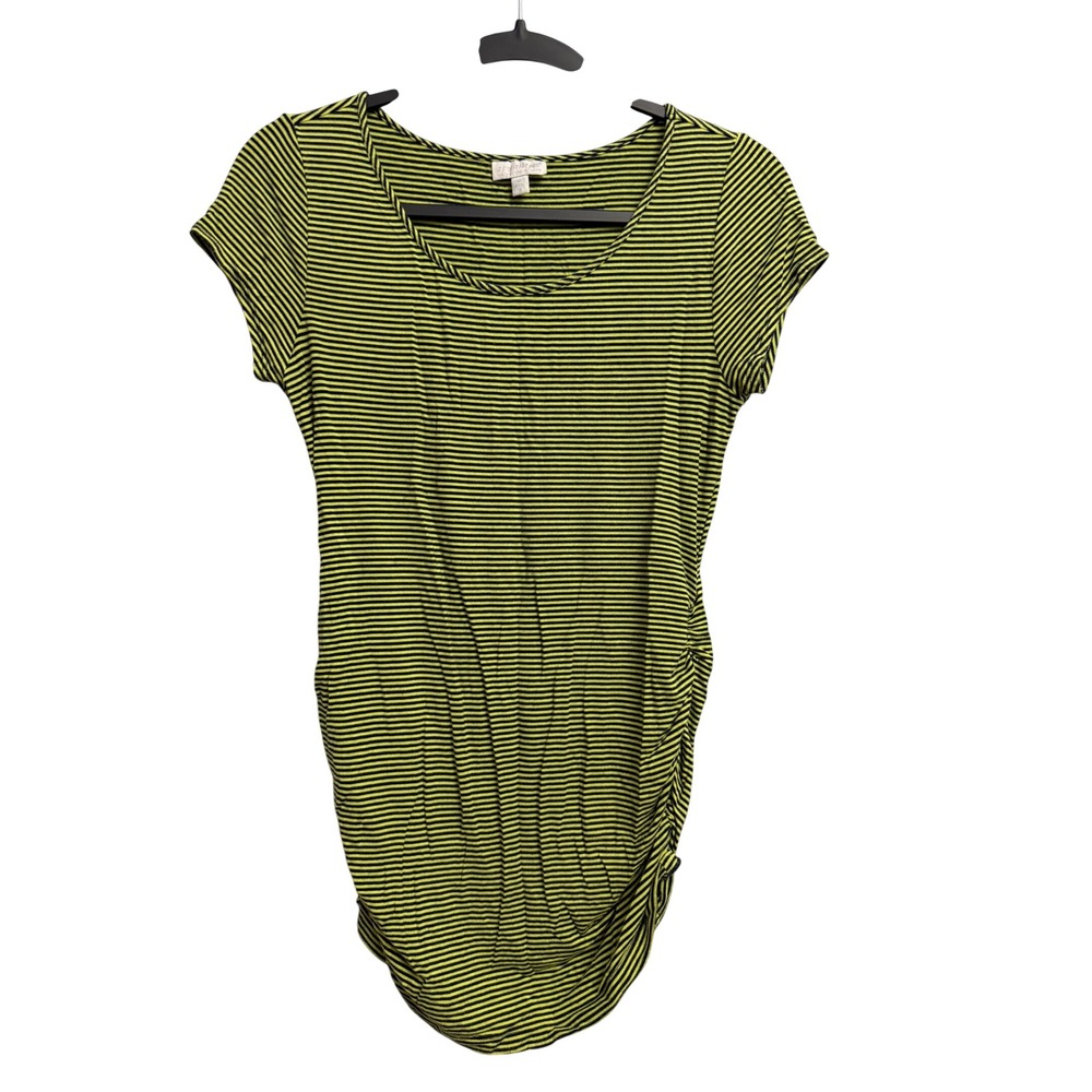 A Pea in the Pod Maternity Top Small Lime Green Navy Blue Striped Ruched Shirt